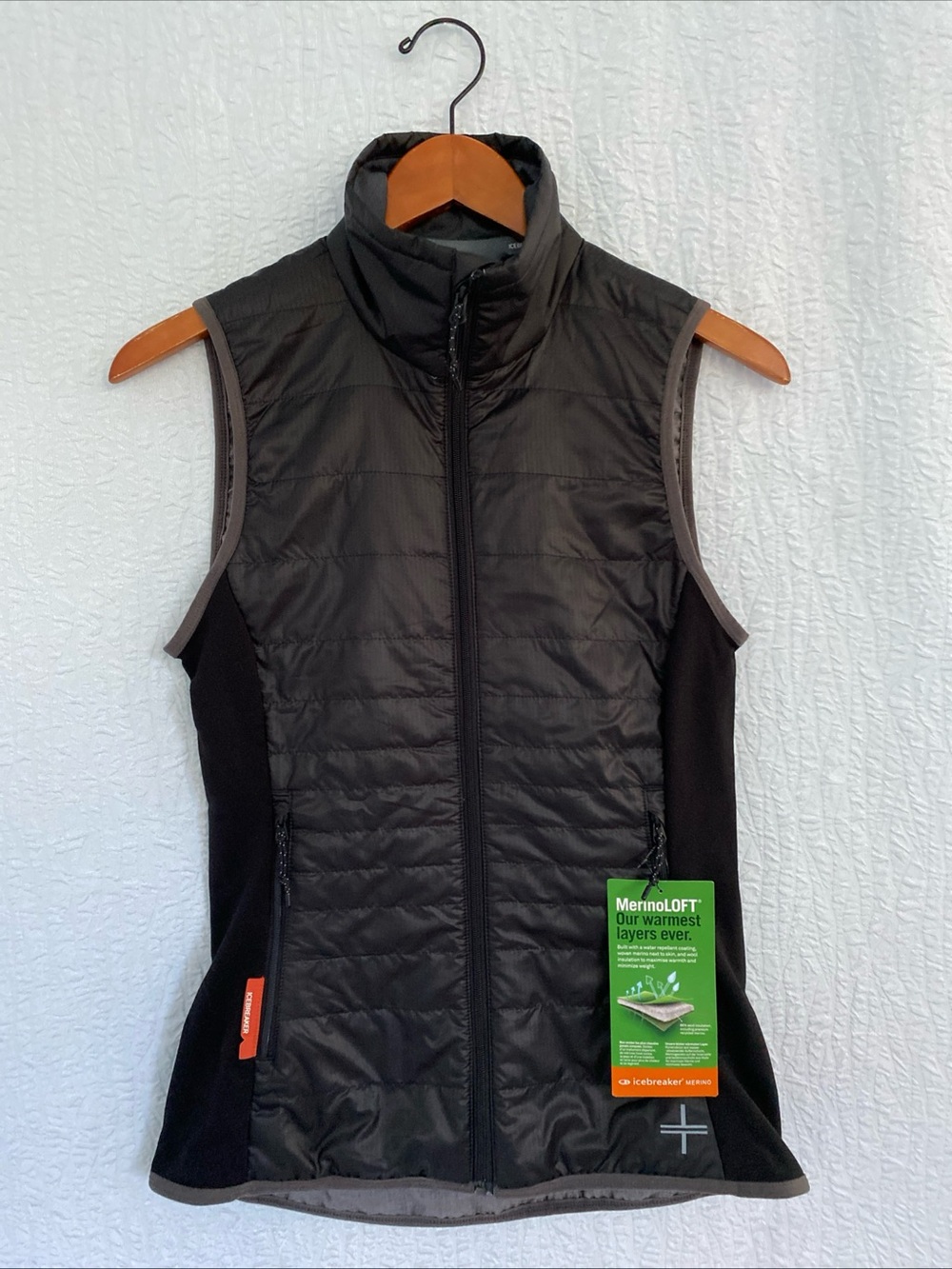 Icebreaker Nwt Helix Black Quilted Vest MerinoLoft Stretch with Gray Trim